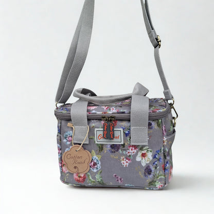 Cotton Road Cooler Bag: BROWN GREY PVC Insulated Lunch Box with FLOWERS