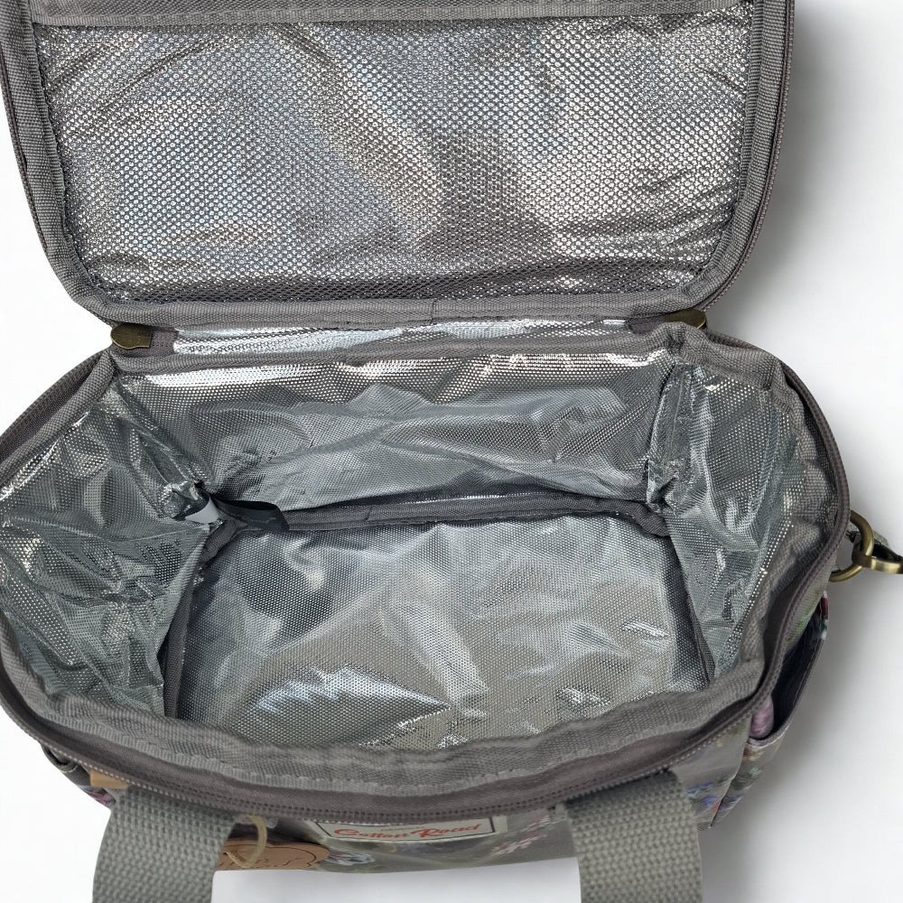 Cotton Road Cooler Bag: BROWN GREY PVC Insulated Lunch Box with FLOWERS