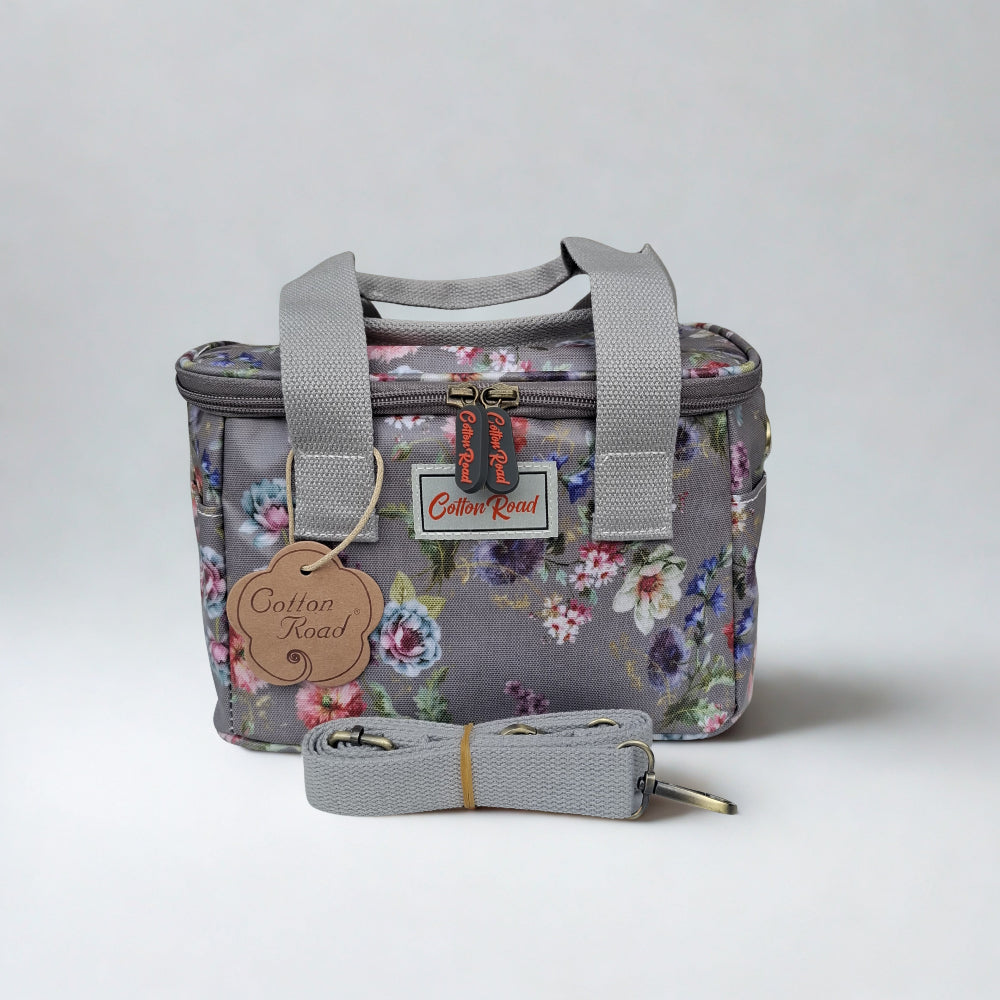 Cotton Road Cooler Bag: BROWN GREY PVC Insulated Lunch Box with FLOWERS