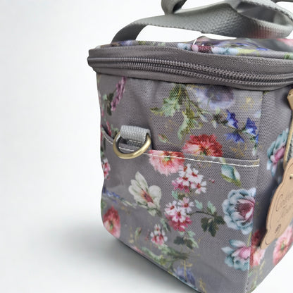 Cotton Road Cooler Bag: BROWN GREY PVC Insulated Lunch Box with FLOWERS