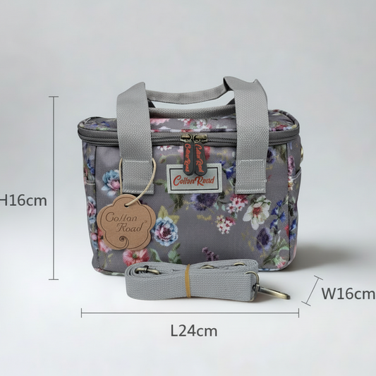 Cotton Road Cooler Bag: BROWN GREY PVC Insulated Lunch Box with FLOWERS