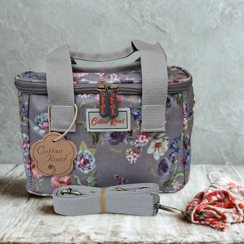 Cotton Road Cooler Bag: BROWN GREY PVC Insulated Lunch Box with FLOWERS