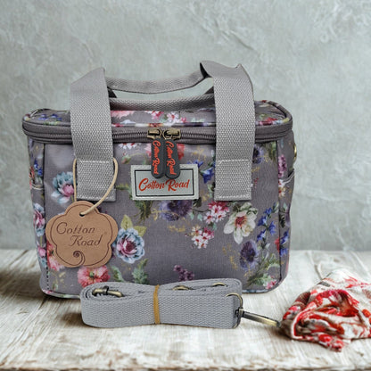 Cotton Road Cooler Bag: BROWN GREY PVC Insulated Lunch Box with FLOWERS