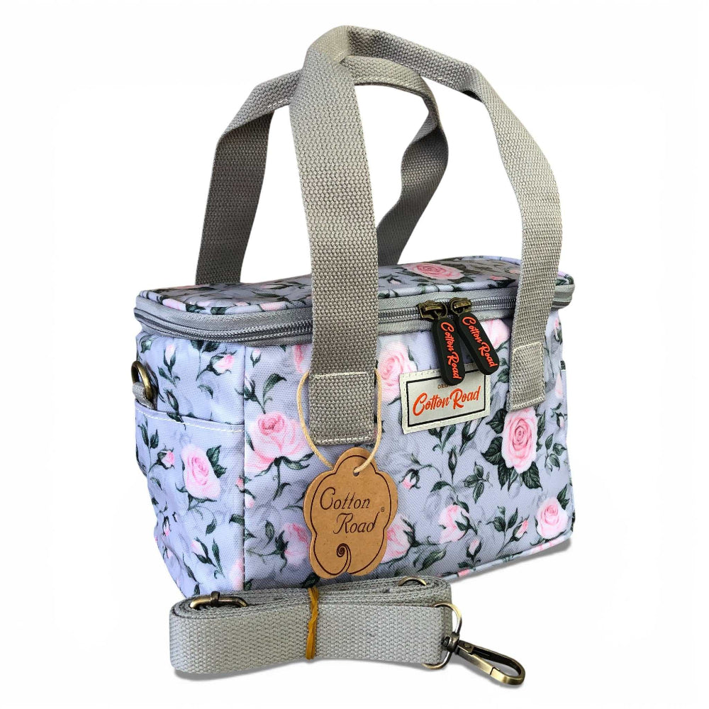 Grey PVC Cotton Road Cooler bag with rose design and insulated compartments for meals and drinks