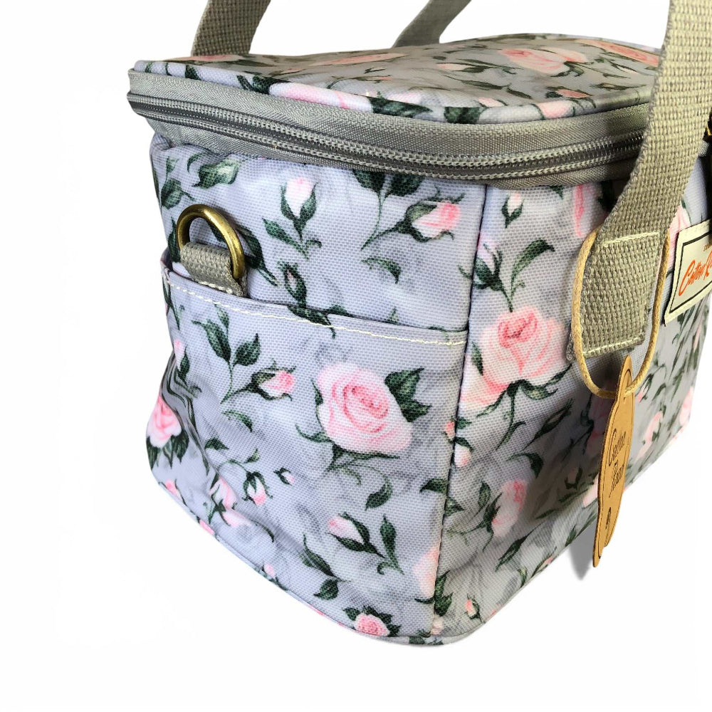 Grey PVC Cotton Road Cooler lunch box bag with rose design and insulated compartments