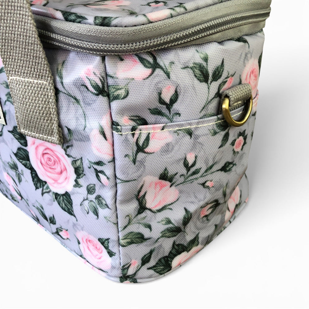Grey Cotton Road Cooler bag with rose design and insulated compartments