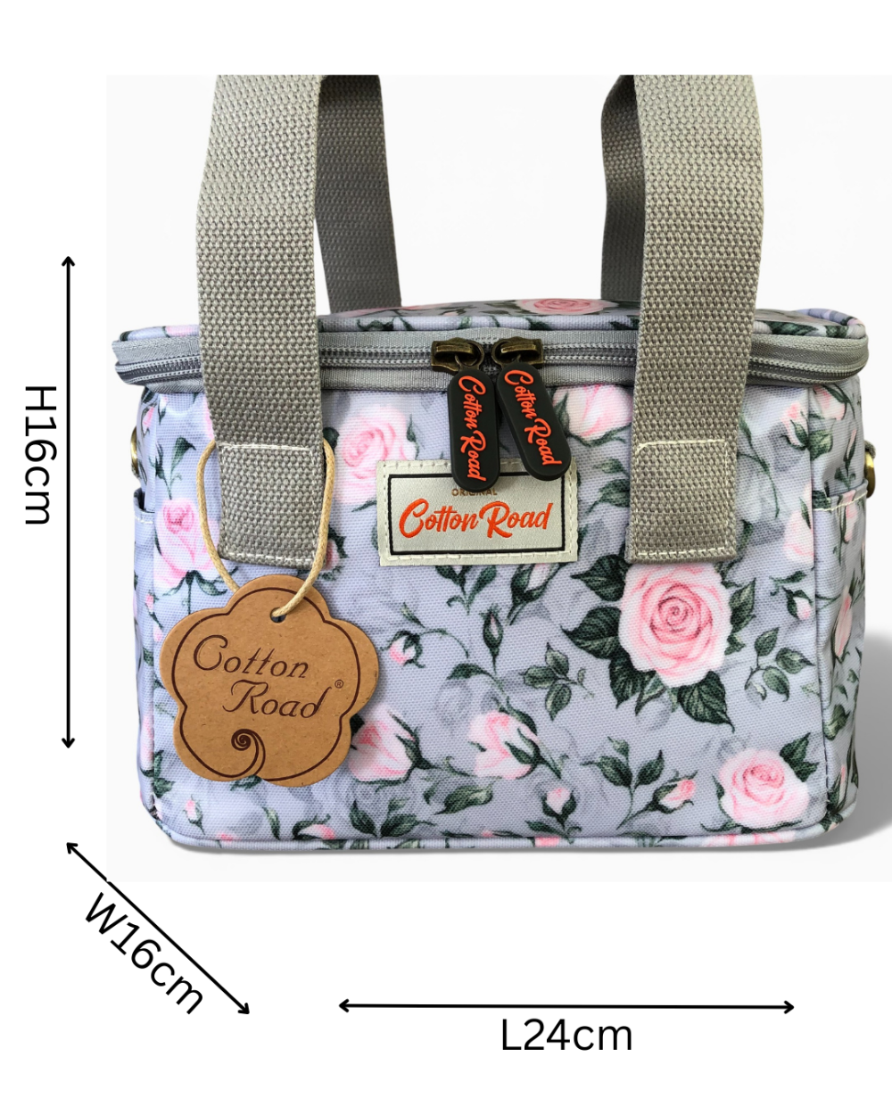 Grey PVC Cotton Road Cooler lunch box bag with rose design and insulation