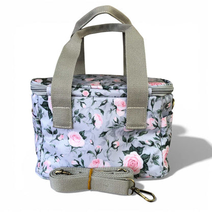 Grey PVC Cotton Road Cooler lunch box bag with rose design and insulated compartments