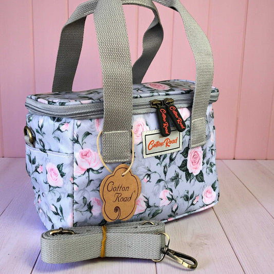 Grey PVC Cotton Road Cooler lunch bag with rose design and insulated compartments