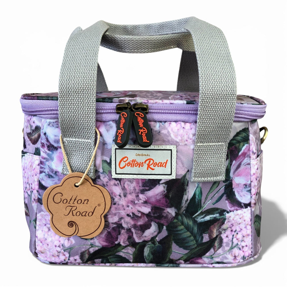 Cotton Road Cooler lilac floral insulated PVC lunch box cooler bag with ergonomic handles and removable shoulder strap