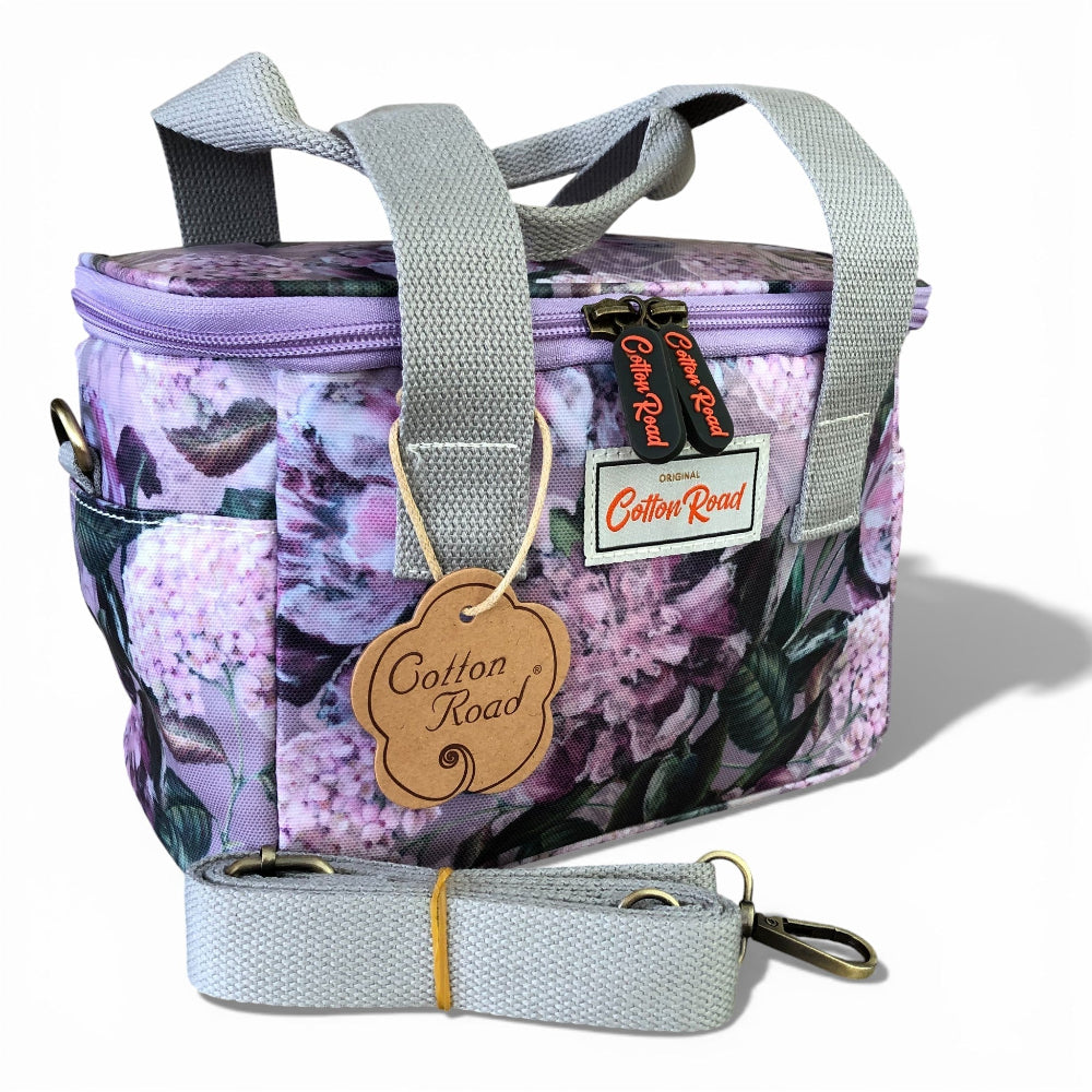 Cotton Road Cooler lilac floral insulated lunch box bag with PVC exterior and multiple carrying options