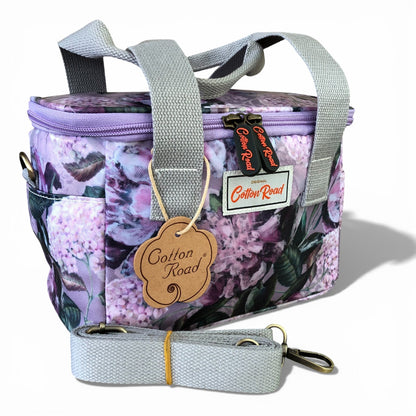 Cotton Road Cooler lilac floral insulated lunch box bag with PVC exterior and multiple carrying options