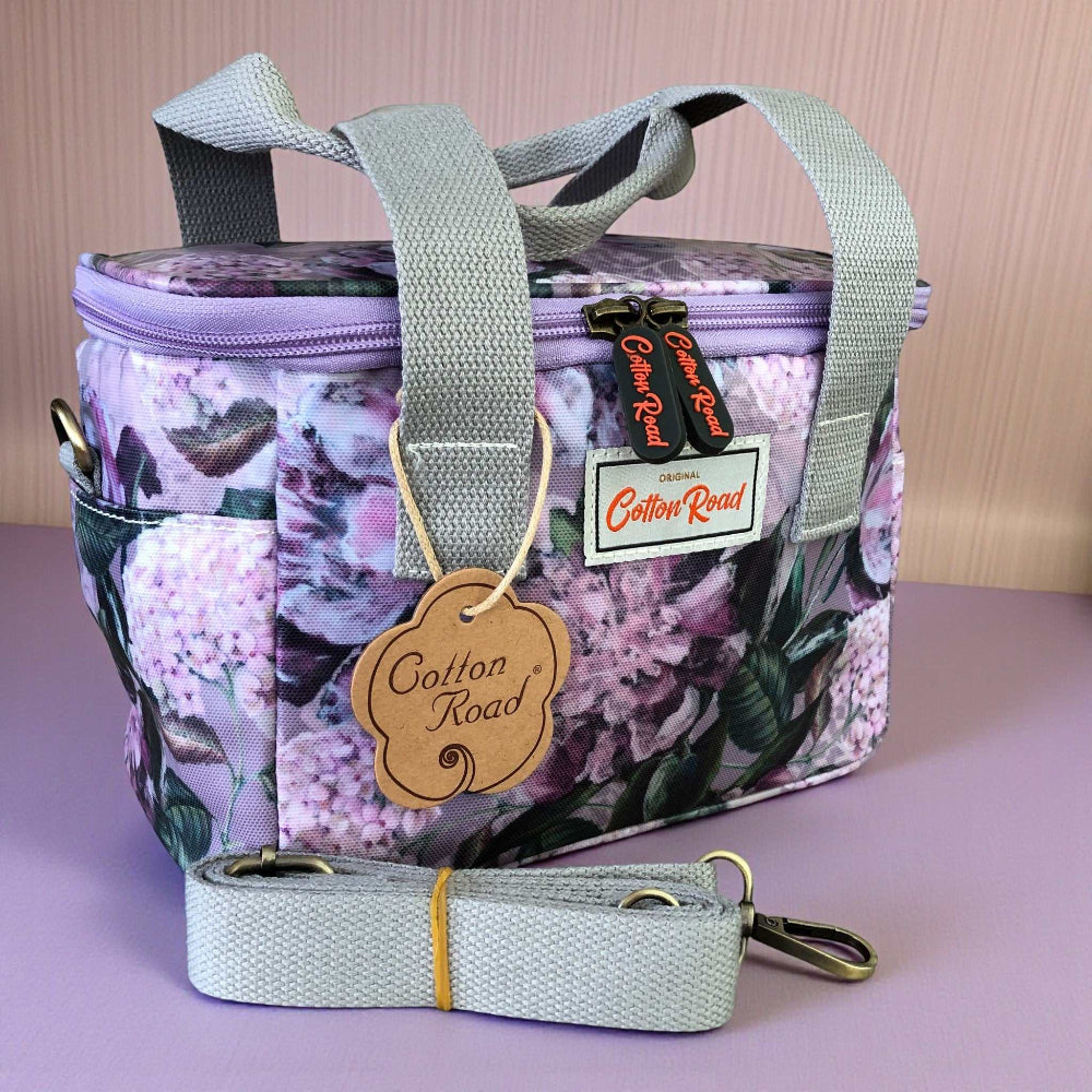 Cotton Road Cooler lilac floral insulated lunch box bag with PVC exterior and multiple carrying options