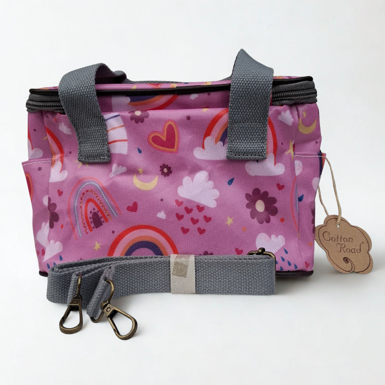 Cotton Road Kids Cooler Bag: PINK PVC Insulated Lunch Box with Rainbows, Flowers & Hearts