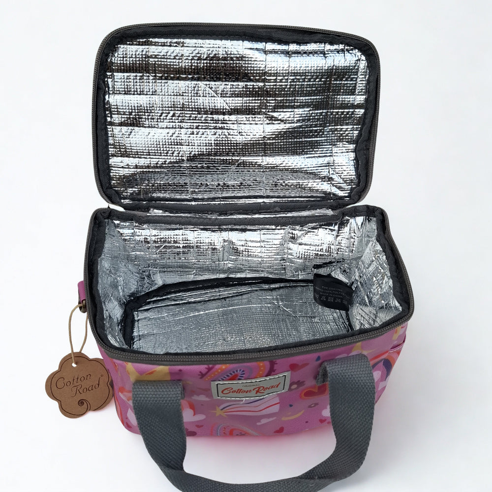 Cotton Road Kids Cooler Bag: PINK PVC Insulated Lunch Box with Rainbows, Flowers & Hearts