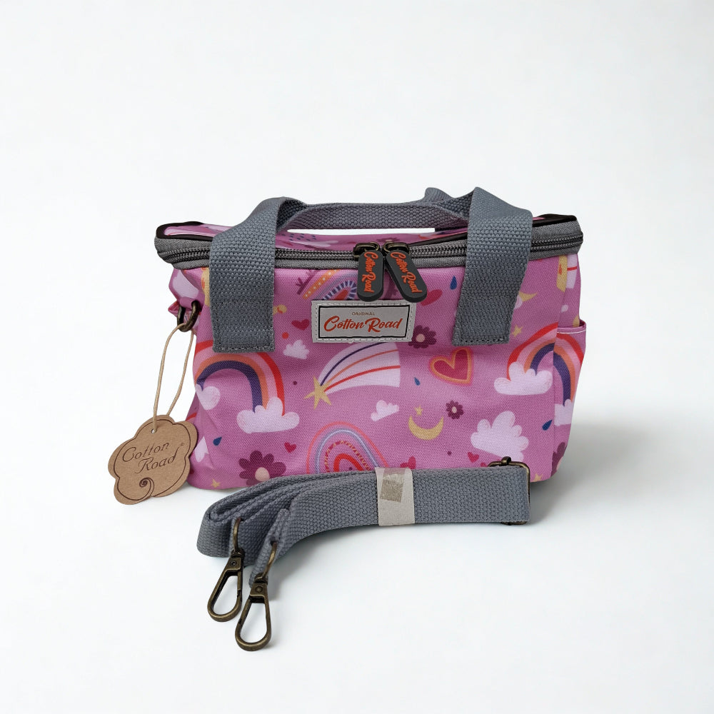 Cotton Road Kids Cooler Bag: PINK PVC Insulated Lunch Box with Rainbows, Flowers & Hearts