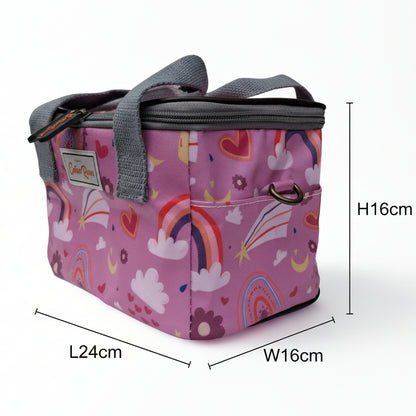 Cotton Road Kids Cooler Bag: PINK PVC Insulated Lunch Box with Rainbows, Flowers & Hearts