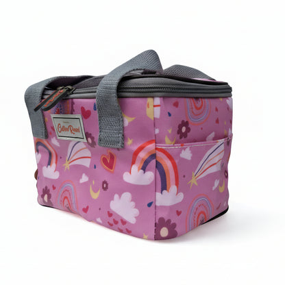 Cotton Road Kids Cooler Bag: PINK PVC Insulated Lunch Box with Rainbows, Flowers & Hearts