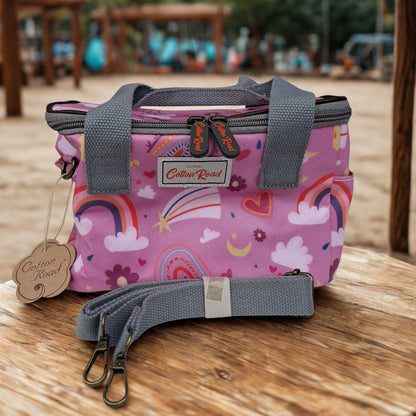 Cotton Road Kids Cooler Bag: PINK PVC Insulated Lunch Box with Rainbows, Flowers & Hearts