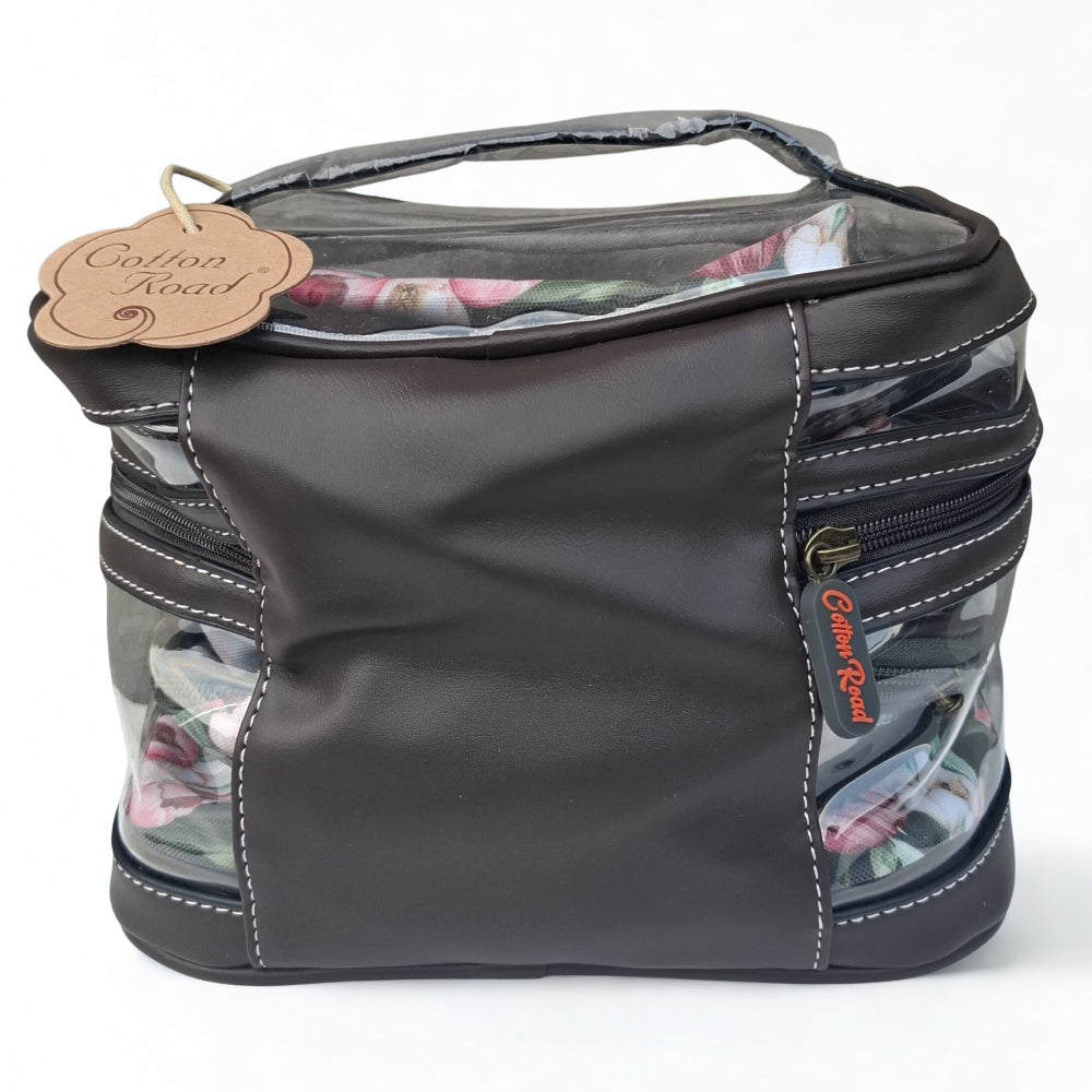 Cotton Road 4-Piece Vanity Set: GREEN PVC Cosmetic Bag Set with FLOWERS