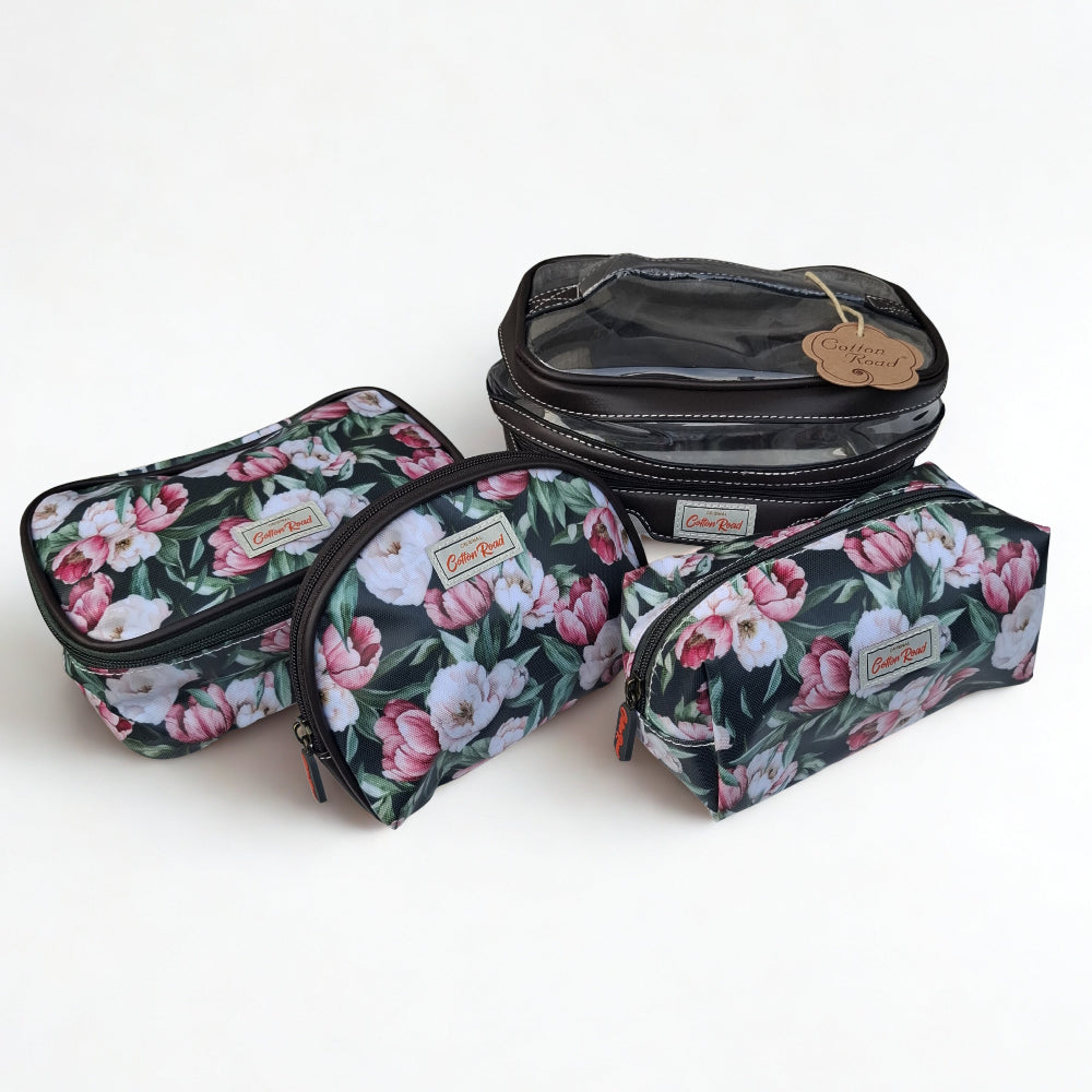 Cotton Road 4-Piece Vanity Set: GREEN PVC Cosmetic Bag Set with FLOWERS