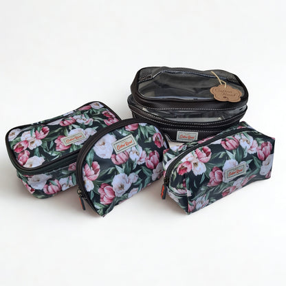 Cotton Road 4-Piece Vanity Set: GREEN PVC Cosmetic Bag Set with FLOWERS