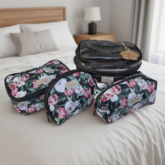 Cotton Road 4-Piece Vanity Set: GREEN PVC Cosmetic Bag Set with FLOWERS
