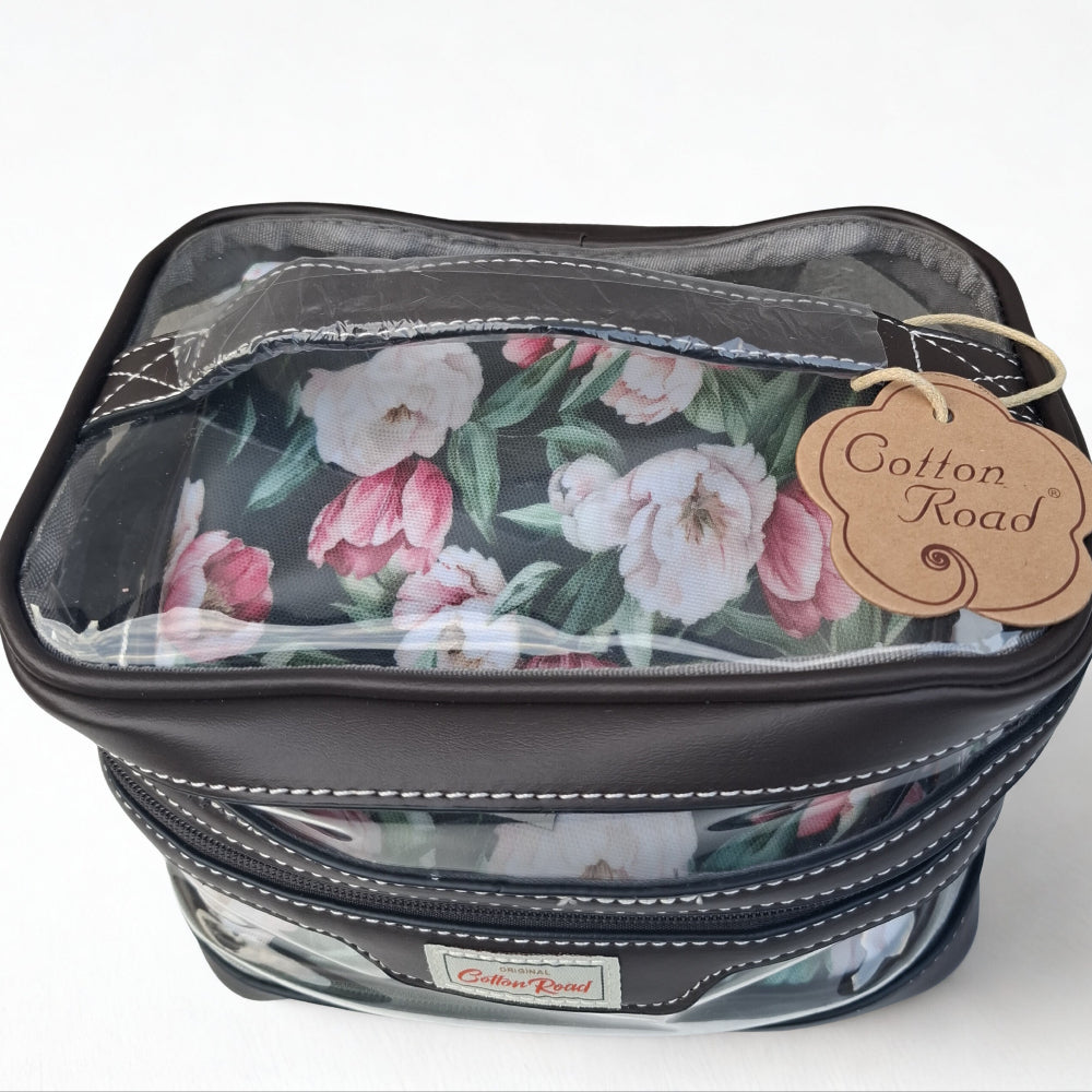 Cotton Road 4-Piece Vanity Set: GREEN PVC Cosmetic Bag Set with FLOWERS