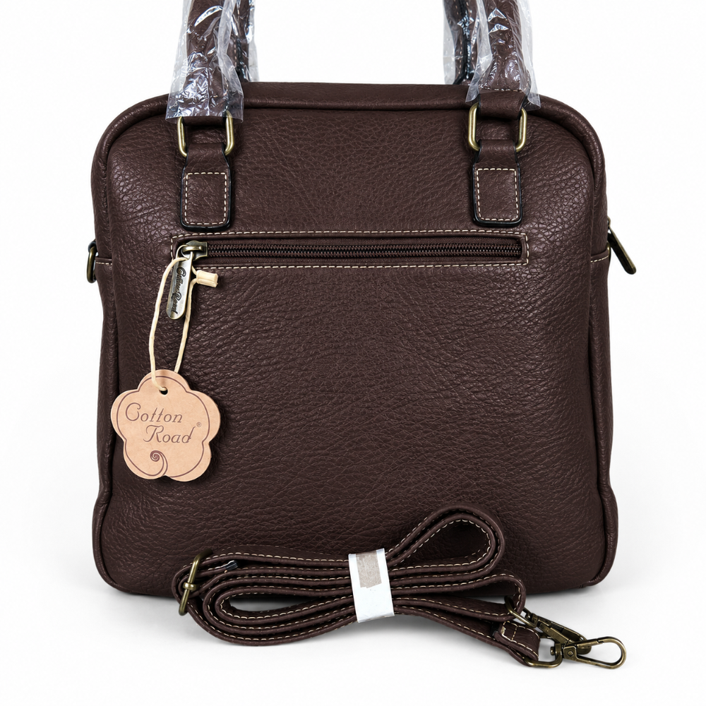 Cotton Road Handbag: COFFEE BROWN PU Leather with Leopard Print