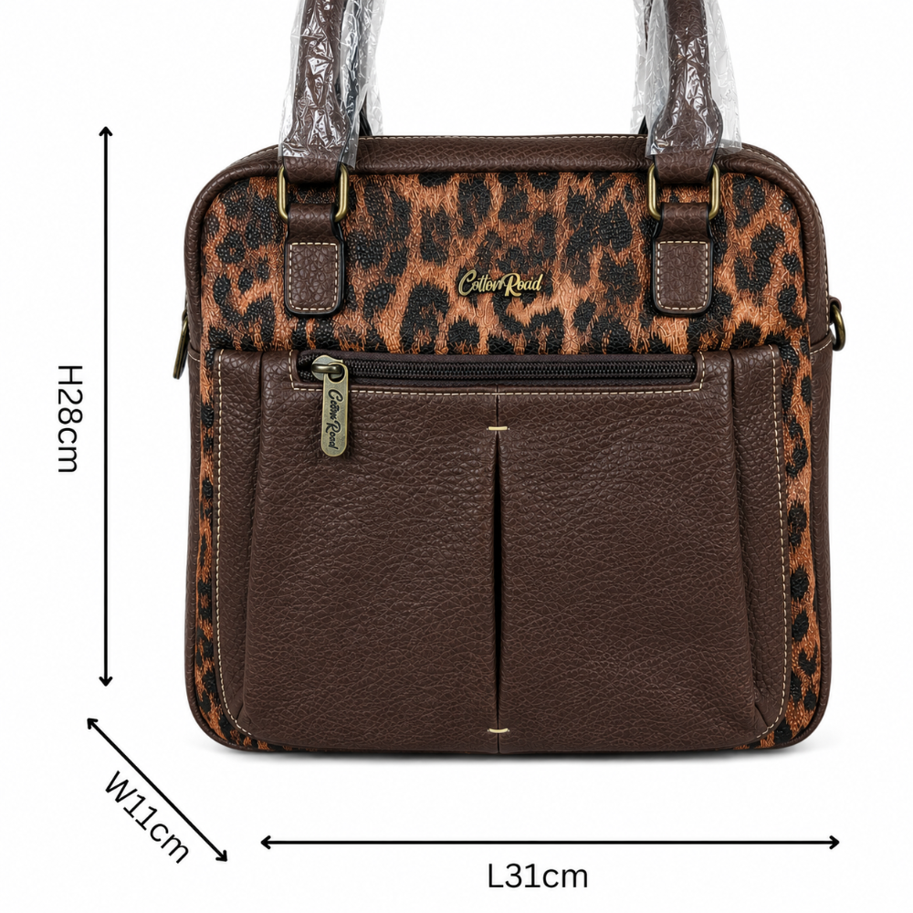 Cotton Road Handbag: COFFEE BROWN PU Leather with Leopard Print