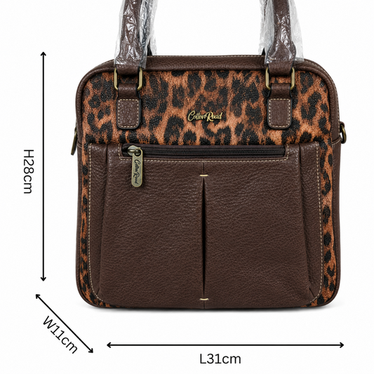 Cotton Road Handbag: COFFEE BROWN PU Leather with Leopard Print