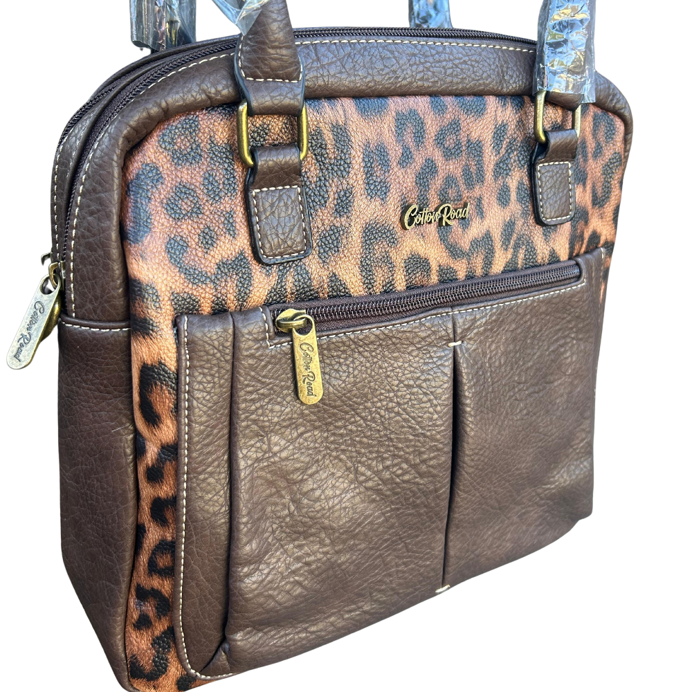 Cotton Road Handbag: COFFEE BROWN PU Leather with Leopard Print