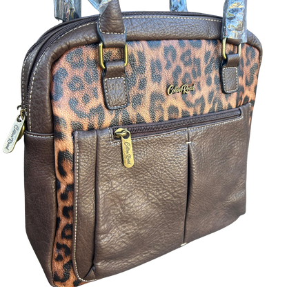 Cotton Road Handbag: COFFEE BROWN PU Leather with Leopard Print