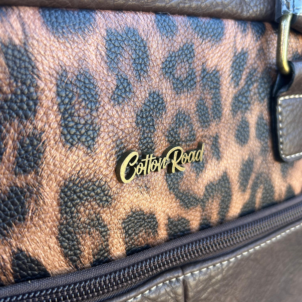Cotton Road Handbag: COFFEE BROWN PU Leather with Leopard Print