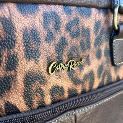 Cotton Road Handbag: COFFEE BROWN PU Leather with Leopard Print