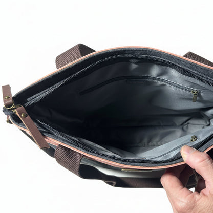Cotton Road Handbag: BLACK CANVAS with Leather Trim Handbag and added Sling Strap OPEN