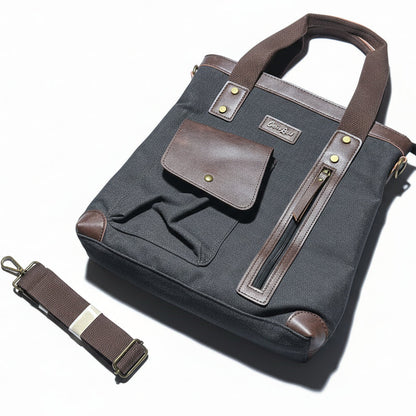 Cotton Road Handbag: BLACK CANVAS with Leather Trim Handbag and added Sling Strap SET