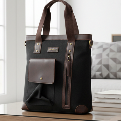 Cotton Road Messenger Tote Bag: BLACK CANVAS with Leather Trim and Adjustable Sling