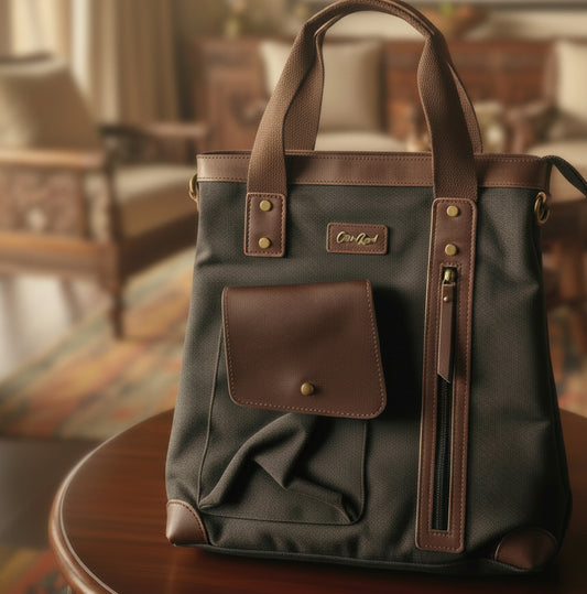 Cotton Road Handbag: BLACK CANVAS with Leather Trim Handbag and added Sling Strap