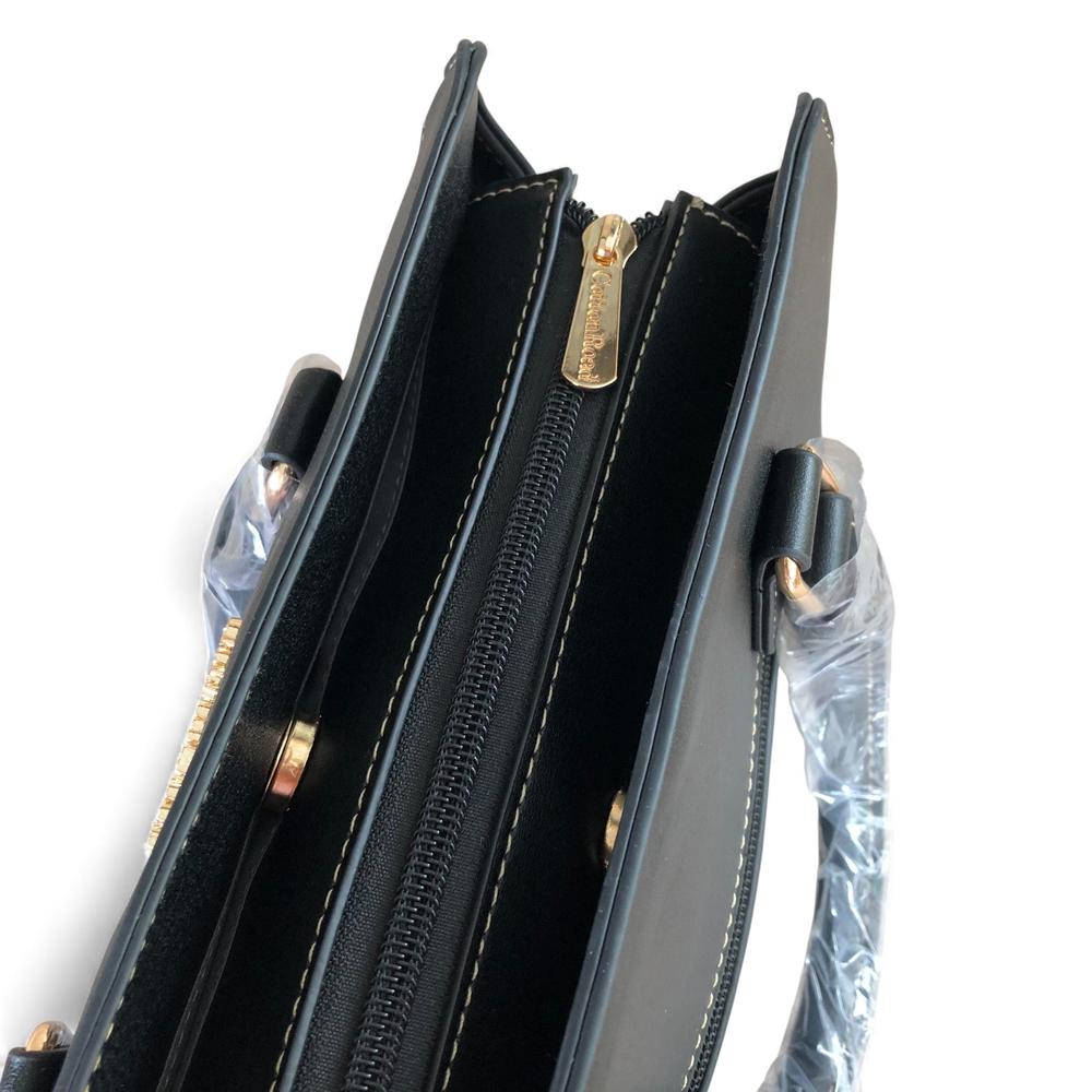 Cotton Road Handbag: BLACK PU Leather Handbag with FLORAL Panel
