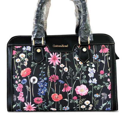 Cotton Road Handbag: BLACK PU Leather Handbag with FLORAL Panel