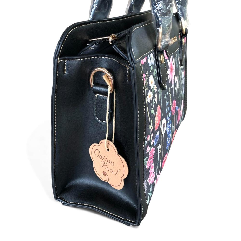 Cotton Road Handbag: BLACK PU Leather Handbag with FLORAL Panel