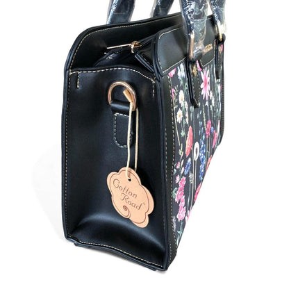 Cotton Road Handbag: BLACK PU Leather Handbag with FLORAL Panel