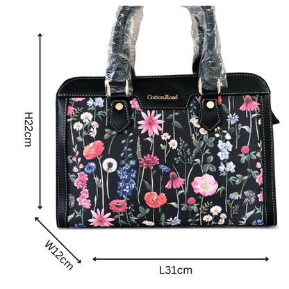 Cotton Road Handbag: BLACK PU Leather Handbag with FLORAL Panel