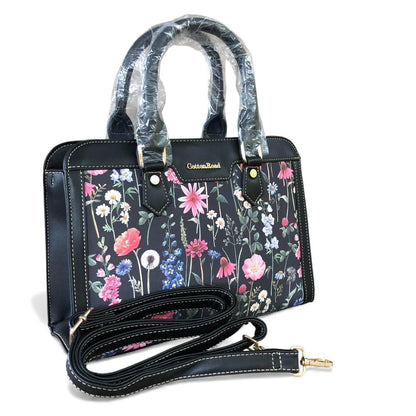 Cotton Road Handbag: BLACK PU Leather Handbag with FLORAL Panel