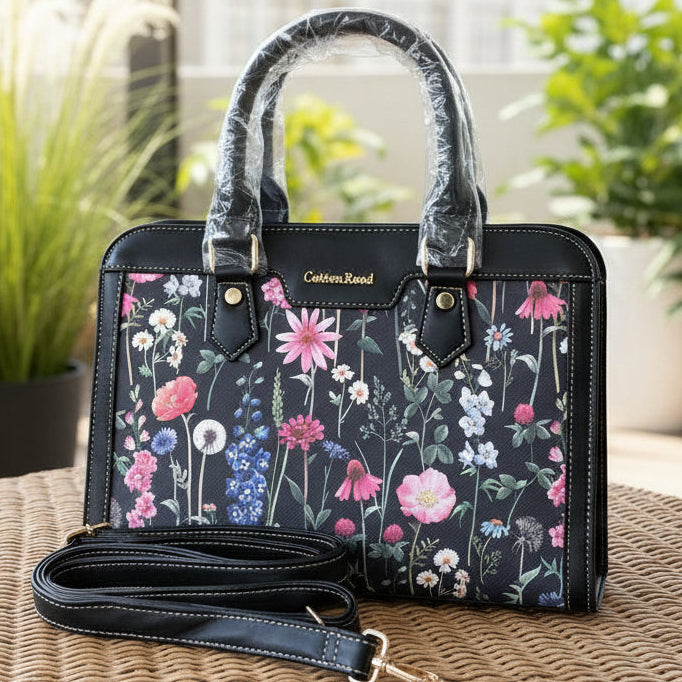 Cotton Road Handbag: BLACK PU Leather Handbag with FLORAL Panel