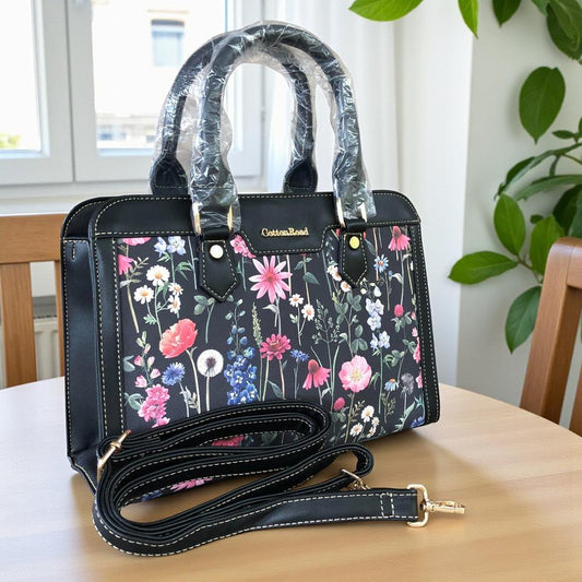 Cotton Road Handbag: BLACK PU Leather Handbag with FLORAL Panel