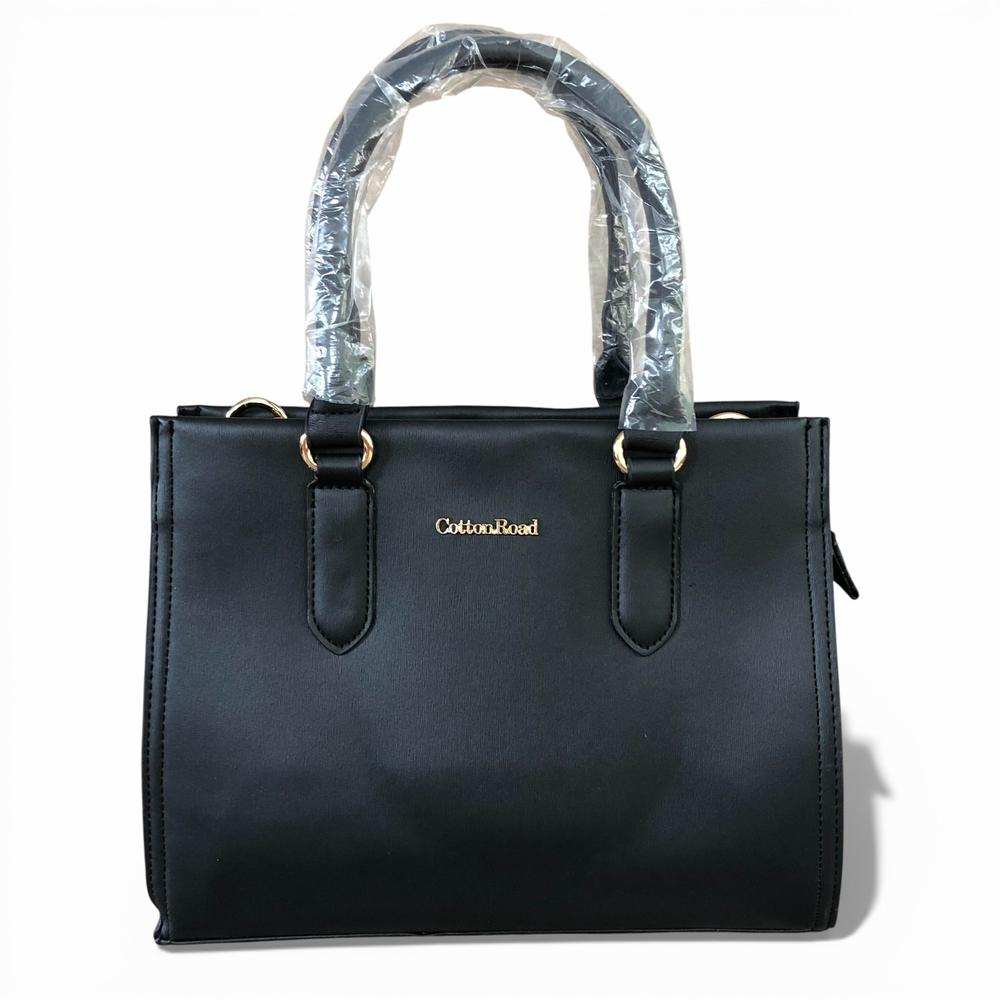 Cotton Road Handbag: BLACK PU Leather Bag with Divider