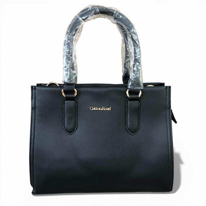 Cotton Road Handbag: BLACK PU Leather Bag with Divider