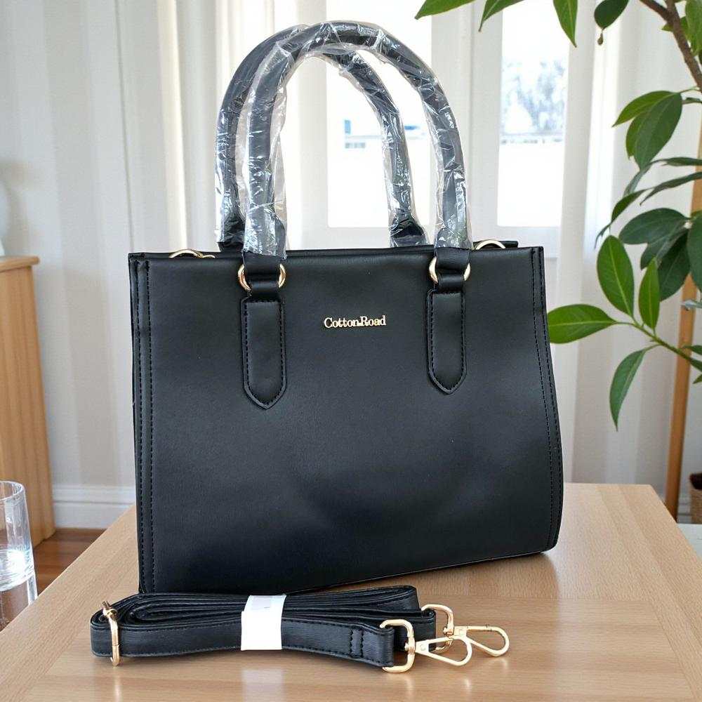 Cotton Road Handbag: BLACK PU Leather Bag with Divider
